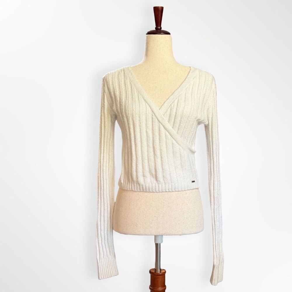 Hollister Co Faux Wrap Cropped Ribbed White Long Sleeve Sweater, S Balletcore